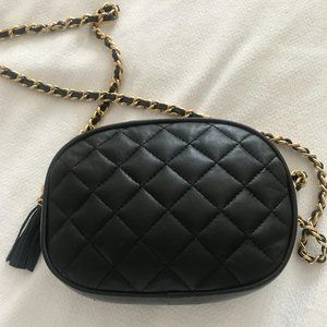 Quilted black leather small purse with gold & leather chain